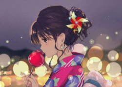 Rule 34 | 1girl, back bow, backlighting, black eyes, blurry, blurry background, blush, bokeh, bow, candy apple, closed mouth, commentary request, depth of field, earrings, food, from side, gin (oyoyo), holding, holding sword, holding weapon, japanese clothes, jewelry, kimono, looking down, nail polish, night, night sky, original, outdoors, pink kimono, pink nails, pinwheel hair ornament, print kimono, profile, revision, short hair, short ponytail, sky, solo, sword, weapon, yukata