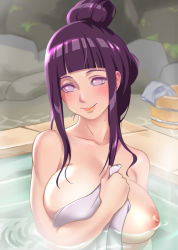 Rule 34 | 1girl, alternate hair color, bath, bathing, blush, boulder, breasts, bucket, byakugan, closed mouth, collarbone, hair bun, hair up, hand up, happy, holding, holding towel, hyuuga hinata, in water, large breasts, long hair, looking to the side, naruto, naruto: the last, naruto (series), naruto shippuuden, nipples, nude, onsen, outdoors, partially submerged, purple eyes, purple hair, rock, roro, single hair bun, sitting, smile, solo, towel, upper body, water, wet