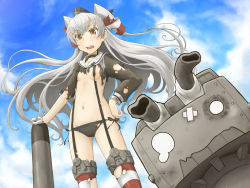 Rule 34 | 10s, 1girl, amatsukaze (kancolle), black panties, blue sky, breasts, brown eyes, cloud, cowboy shot, damaged, day, dress, garter straps, gloves, hair tubes, hand on own hip, highres, kantai collection, long hair, long sleeves, looking at viewer, navel, open mouth, outdoors, panties, qome, rensouhou-kun, sailor dress, short dress, side-tie panties, silver hair, single glove, sky, small breasts, solo, standing, striped clothes, striped thighhighs, surprised, thighhighs, torn clothes, torn dress, torn panties, torpedo, two side up, underwear, white gloves