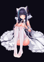 Rule 34 | 1girl, animal ears, azur lane, bare shoulders, black background, black hair, blue eyes, blue hair, blush, breasts, cheshire (azur lane), cleavage, garter straps, highres, hu sea, large breasts, long hair, looking at viewer, maid headdress, multicolored hair, simple background, sitting, smile, solo, thighhighs, white thighhighs