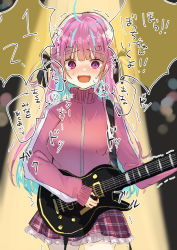 Rule 34 | 1girl, ahoge, blue hair, blush, bocchi the rock!, breasts, colored inner hair, cosplay, crying, electric guitar, embarrassed, gotoh hitori (cosplay), gotoh hitori, guitar, highres, holding, holding instrument, hololive, instrument, jacket, large breasts, long hair, looking at viewer, minato aqua, mochiko (mocchikkoo), multicolored hair, open mouth, pink hair, pink jacket, pink track suit, purple hair, solo focus, speech bubble, spotlight, streaked hair, sweat, tearing up, tears, track jacket, trait connection, translation request, trembling, two-tone hair, virtual youtuber