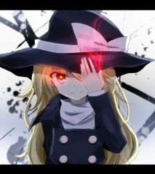 Rule 34 | &gt;:), 1girl, blonde hair, coat, glowing, hat, indo (mdtanaka2007), kirisame marisa, letterboxed, long hair, looking at viewer, one eye closed, one eye covered, red eyes, smile, touhou, trench coat, tsurime, turtleneck, v-shaped eyebrows, very long hair, witch hat