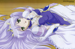 Rule 34 | 1girl, :d, breasts, breasts apart, brooch, cleavage, clenched hand, crown, detached collar, dress, elbow gloves, feena fam earthlight, frilled dress, frills, gem, gloves, green eyes, hair spread out, indoors, jewelry, long hair, looking at viewer, lying, official art, on back, on floor, open mouth, princess, ribbon, sawazaki makoto, silver hair, smile, solo, very long hair, wooden floor, yoake mae yori ruri iro na