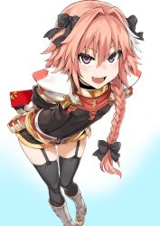 Rule 34 | 1boy, :d, arms behind back, asanagi, astolfo (fate), black thighhighs, blush, braid, fang, fate/apocrypha, fate (series), from above, garter straps, gift, gradient background, hair over shoulder, highres, leaning forward, lips, long hair, looking at viewer, male focus, messy hair, naughty face, open mouth, pink hair, purple eyes, ribbon, simple background, single braid, smile, solo, thighhighs, thighs, trap, valentine
