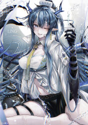 Rule 34 | 1girl, absurdres, arknights, barefoot, black shorts, blue eyes, blue hair, breasts, character name, coat, commentary, cup, grin, hand up, highres, holding, holding cup, horns, large breasts, ling (arknights), long hair, looking at viewer, midriff, one eye closed, pointy ears, senju yosiyuki, shirt, short shorts, shorts, smile, solo, thigh strap, thighs, very long hair, white coat, white shirt