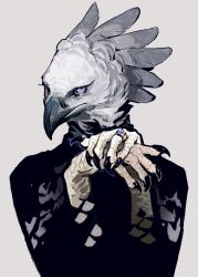 Rule 34 | 1other, androgynous, beak, bird, claws, closed mouth, eagle, feathers, furry, grey background, grey feathers, halftone, highres, jewelry, looking at viewer, nightcrow, original, other focus, own hands together, purple eyes, ring, simple background, solo, upper body