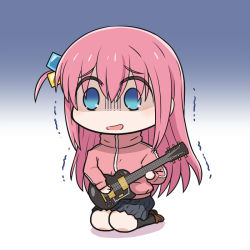 Rule 34 | 1girl, ^^^, black skirt, black socks, blue background, blue eyes, bocchi the rock!, brown footwear, chibi, commentary, cube hair ornament, denden, electric guitar, empty eyes, gotoh hitori, gradient background, guitar, hair between eyes, hair ornament, holding, instrument, jacket, kneeling, long hair, long sleeves, music, one side up, open mouth, pink hair, pink jacket, playing instrument, pleated skirt, scared, simple background, skirt, socks, solo, track jacket, trembling, white background