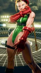 Rule 34 | 1girl, 3d, absurdres, antenna hair, bare shoulders, blonde hair, blue eyes, braid, breasts, cammy white, clenched hand, covered navel, curvy, gloves, green leotard, hat, highleg, highleg leotard, highres, leotard, lips, long hair, medium breasts, red gloves, red hat, ryona, screencap, shiny clothes, solo, street fighter, street fighter v, thighs, third-party edit, thong leotard, twin braids, very long hair, wide hips