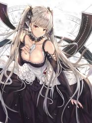 Rule 34 | 1girl, absurdres, azur lane, bare shoulders, between breasts, black dress, blush, breasts, cleavage, clock, collarbone, dress, earrings, flight deck, formidable (azur lane), frilled dress, frills, grey hair, hair ribbon, hand on own chest, head tilt, highres, jewelry, large breasts, long hair, long sleeves, looking at viewer, na kyo, nail polish, red eyes, ribbon, rigging, solo, twintails, two-tone dress