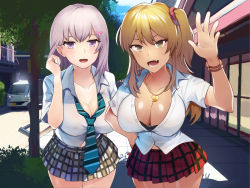 Rule 34 | 2girls, adjusting hair, bitch gal no oshiego ni shiborareru!!, blonde hair, blush, bra, bracelet, breasts, car, cleavage, cloud, collared shirt, cowboy shot, day, diagonal-striped neckwear, fang, gyaru, hair between eyes, hair over shoulder, hand on own hip, hand up, highres, jewelry, large breasts, legs, legs together, light blush, long hair, looking at viewer, motor vehicle, multiple girls, necklace, necktie, open mouth, original, outdoors, pleated skirt, purple eyes, purple hair, road, school uniform, shirt, side ponytail, skirt, sky, smile, standing, street, striped neckwear, thighs, tree, unbuttoned, underwear, waving, white shirt, xenoms, yellow eyes
