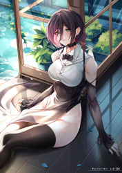 Rule 34 | 1girl, absurdres, bare hips, bare shoulders, black thighhighs, blush, bow, bowtie, breasts, chainsaw man, choker, collar, d. joko, detached sleeves, dress, elbow gloves, flower pot, gloves, green eyes, hair bun, highres, large breasts, leaning back, legs together, looking at viewer, on floor, parted lips, plant, pool, poolside, reze (chainsaw man), seductive smile, single hair bun, sitting, smile, solo, sunlight, thighhighs, vines