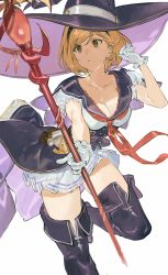 Rule 34 | 1girl, black capelet, black footwear, black hairband, black headwear, blonde hair, boots, breasts, brown eyes, capelet, cleavage, djeeta (granblue fantasy), frilled gloves, frills, gloves, granblue fantasy, hairband, hashibiro kou (garapiko p), hat, highres, holding, holding staff, large breasts, looking to the side, neckerchief, pleated skirt, puffy short sleeves, puffy sleeves, purple headwear, red neckerchief, shirt, short hair, short sleeves, simple background, skirt, solo, staff, thigh boots, warlock (granblue fantasy), white background, white gloves, white shirt, witch hat