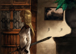 Rule 34 | 1girl, arms at sides, artist self-reference, blonde hair, closet, cowboy shot, dark, female focus, from side, holding, holding sword, holding weapon, indoors, lack, painting (object), picture frame, plant, solo, sword, weapon