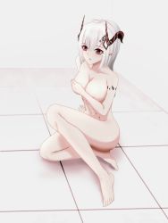 Rule 34 | 1girl, absurdres, arknights, bare shoulders, barefoot, breasts, cleavage, completely nude, covering privates, covering breasts, floor, full body, highres, horns, large breasts, mudrock (arknights), nude, shou xin, sitting, surprised