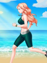 Rule 34 | 1girl, abs, artist request, beach, bike shorts, black footwear, blonde hair, bra, breasts, date crush stories, day, fang, tooth necklace, game cg, green eyes, highres, jewelry, kayla (date crush stories), long hair, medium breasts, midriff, navel, necklace, ocean, open mouth, outdoors, pendant, running, shoes, short shorts, shorts, solo, sports bra, sportswear, stomach, underwear, watch, waves