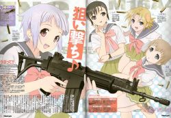 Rule 34 | 4girls, :d, absurdres, assault rifle, blue eyes, blush, bow, bowtie, brown hair, cartridge, copyright name, fnc (upotte!!), gun, hair bun, hair ornament, hairclip, highres, l85a1 (upotte!!), m16a4 (upotte!!), magazine scan, multiple girls, newtype, nishiya yasushi, no nose, official art, open mouth, orange hair, purple eyes, red eyes, rifle, scan, school uniform, serafuku, sg550 (upotte!!), short hair, silver hair, single hair bun, smile, takami akio, upotte!!, watch, weapon, wristwatch
