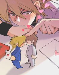 Rule 34 | 1boy, arms behind back, arms up, black wristband, blonde hair, blue footwear, blue jacket, blue pants, blush, blush stickers, brown eyes, brown hair, clenched hand, commentary, ear blush, envelope, full-face blush, head on table, heart, holding, holding envelope, jacket, jonouchi katsuya, kaiba seto, leaning forward, letter, light frown, long sleeves, looking down, love letter, miniature, nose blush, pants, playing, pointing, shadow, shirt, short hair, solo focus, symbol-only commentary, table, white footwear, white pants, white shirt, yaoi, yitiaodahe71, yu-gi-oh!, yu-gi-oh! duel monsters