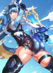 Rule 34 | 1girl, absurdres, artist request, ass, blue hair, breasts, cape, eula (genshin impact), from behind, frown, genshin impact, gloves, greatsword, highres, large breasts, leotard, long hair, looking at viewer, shiny clothes, shiny skin, solo, sword, thick thighs, thighhighs, thighs, weapon, yellow eyes