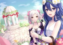 Rule 34 | 2girls, absurdres, bare shoulders, basket, blue eyes, blue hair, blue sky, breasts, cleavage, closed mouth, cloud, collarbone, dress, female focus, fire emblem, fire emblem awakening, fire emblem heroes, flower, hair between eyes, hair flower, hair ornament, highres, holding, holding basket, long hair, looking at viewer, lucina (fire emblem), lucina (valentine) (fire emblem), multiple girls, nintendo, official alternate costume, open mouth, outdoors, reia hana, robin (female) (fire emblem), robin (female) (valentine) (fire emblem), robin (fire emblem), sky, sleeveless, sleeveless dress, small breasts, smile, symbol-shaped pupils, symbol in eye, teeth, twintails, twitter username, upper teeth only, white dress, white hair, yellow eyes