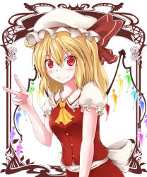 Rule 34 | 1girl, ascot, blonde hair, blush, closed mouth, crystal, flandre scarlet, frilled shirt collar, frilled sleeves, frills, hair between eyes, hat, hat ribbon, highres, long hair, looking at viewer, mob cap, muki (munikichan), puffy short sleeves, puffy sleeves, red eyes, red ribbon, red skirt, red vest, ribbon, sash, short sleeves, side ponytail, skirt, skirt set, smile, solo, touhou, upper body, v, vest, wings