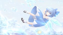 Rule 34 | &gt;:), 1girl, blue eyes, blue hair, blush, bow, cirno, commentary, danmaku, dress, full body, grin, hair bow, highres, ice, ice wings, large bow, looking at viewer, mary janes, shoes, short hair, smile, socks, solo, touhou, v-shaped eyebrows, wamu (chartreuse), wings