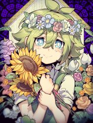Rule 34 | 1boy, basil (headspace) (omori), basil (omori), blonde hair, blood, blood on hands, blue eyes, blush, bright pupils, cactus, closed mouth, collared shirt, crying, crying with eyes open, flower, gladiolus, green sweater vest, head wreath, highres, holding, holding flower, lily of the valley, looking at viewer, omori, rose, shirt, short hair, short sleeves, smile, solo, sunflower, sweater vest, tears, tulip, upper body, white pupils, white shirt, zs zealsummer