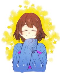 Rule 34 | 1other, blue sweater, brown hair, closed eyes, closed mouth, facing viewer, flower, frisk (undertale), korean text, medium hair, nenne 02, sidelocks, sleeves past fingers, sleeves past wrists, smile, solo, source request, striped clothes, striped sweater, sweater, undertale, upper body, yellow flower