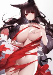 Rule 34 | 1girl, absurdres, akagi (azur lane), an yasuri, animal ears, azur lane, banned artist, bare shoulders, black choker, breasts, brown hair, choker, cleavage, collarbone, covering privates, covering breasts, cowboy shot, dress, fox ears, fox girl, fox tail, groin, hand on own chest, highres, large breasts, long hair, looking at viewer, low-tied long hair, navel, no panties, o-ring dress, official alternate costume, one breast out, parted lips, red dress, red eyes, simple background, smile, solo, tail, torn clothes, torn dress, very long hair, white background