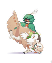 Rule 34 | beak, brown eyes, closed mouth, commentary request, creatures (company), dartrix, decidueye, evolutionary line, closed eyes, game freak, gen 7 pokemon, korean commentary, leg up, mongguri, nintendo, no humans, pokemon, pokemon (creature), red pupils, rowlet, simple background, sparkle, standing, standing on one leg, white background, yotsubato! pose