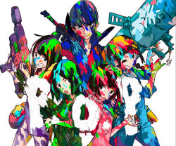 Rule 34 | 5girls, album cover, ammunition, androgynous, rabbit, cover, dog, gun, charm (object), m1 bazooka, multiple girls, needle, official art, one eye closed, open mouth, paint, paint splatter, pop (idol group), rifle, rocket launcher, sniper rifle, sushio, text focus, water gun, weapon