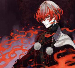 Rule 34 | 1boy, bishounen, bowl cut, fate/grand order, fate (series), fiery hair, fire, grey hair, japanese clothes, looking at viewer, male focus, multicolored hair, red eyes, red hair, short hair, solo, traditional clothes, two-tone hair, upper body, watanabe no tsuna (fate), yakitoryyyy
