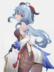 Rule 34 | 1girl, ahoge, ass, bare shoulders, blue gloves, blue hair, breasts, brown leotard, chinese knot, detached sleeves, from behind, ganyu (genshin impact), genshin impact, gloves, goat horns, gold trim, highres, horns, leotard, long hair, long sleeves, looking at viewer, medium breasts, naicha (842951905), parted lips, purple eyes, simple background, solo