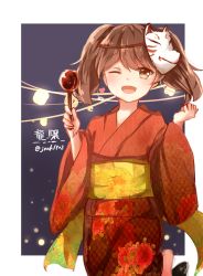 Rule 34 | 10s, 1girl, ;d, alternate costume, brown eyes, brown hair, candy apple, character name, food, heart, highres, japanese clothes, kantai collection, kimono, long sleeves, one eye closed, open mouth, red kimono, ryuujou (kancolle), short hair, smile, solo, twintails, twitter username, wide sleeves, yukata, zarathurtra