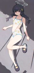 Rule 34 | 1girl, ahoge, armpits, bare arms, bare legs, bare shoulders, bikini, black hair, blue archive, braid, collarbone, commentary, crocs, english commentary, flat chest, full body, halo, highres, knees up, leaf, leaf on head, leaf print, looking at viewer, lying, miyu (blue archive), miyu (swimsuit) (blue archive), navel, official alternate costume, snorkel14, solo, swimsuit, twin braids, white bikini