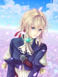 Rule 34 | 10s, 1girl, absurdres, ascot, blonde hair, blue eyes, blue jacket, blurry, blurry background, braid, brooch, cloud, cropped jacket, day, depth of field, field, flower, flower field, gem, hair between eyes, hair intakes, hair ribbon, highres, jacket, jewelry, juliet sleeves, lips, long sleeves, looking at viewer, outdoors, petals, puffy sleeves, red ribbon, ribbon, sky, solo, uniform, upper body, violet evergarden, violet evergarden (series), yossui (siny0726)