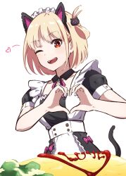 Rule 34 | 1girl, alternate costume, animal ears, apron, black dress, blonde hair, blush, bow, bright pupils, cat ears, cat hair ornament, cleavage cutout, clothing cutout, commentary, dress, enmaided, fake animal ears, food, hair between eyes, hair ornament, heart, heart hands, highres, hyoe (hachiechi), looking down, lycoris recoil, maid, maid apron, maid headdress, nishikigi chisato, omelet, omurice, one eye closed, one side up, open mouth, pink bow, puffy short sleeves, puffy sleeves, red eyes, short hair, short sleeves, sidelocks, simple background, smile, solo, teeth, upper teeth only, white apron, white background, white pupils