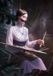 Rule 34 | 1girl, brown hair, dress, european clothes, gwent (game), highres, holding, holding paintbrush, indoors, jewelry, lydia van bredevoort, necklace, non-web source, paintbrush, shirt, sitting, the witcher (series), white shirt