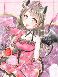 Rule 34 | 1girl, artist name, artist request, bare arms, bare shoulders, black wings, blush, breasts, brown eyes, brown hair, cleavage, collarbone, curled horns, demon girl, demon horns, demon tail, demon wings, dress, earrings, elbow gloves, female focus, fishnets, flower, flower earrings, gem, gloves, grey hair, hair flower, hair ornament, heart, high heels, highres, holding, holding scepter, horns, jewelry, light brown hair, long hair, love live!, love live! school idol festival, love live! school idol project, medium breasts, minami kotori, panties, parted lips, pearl (gemstone), pink flower, pink rose, purple flower, purple rose, red dress, red flower, red gloves, red rose, ritsuuu18, rose, scepter, sleeveless, sleeveless dress, smile, solo, striped clothes, striped gloves, tail, tiara, twintails, underwear, vertical-striped clothes, vertical-striped gloves, wings
