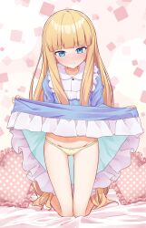 Rule 34 | 1girl, blonde hair, blue dress, blue eyes, blush, bow, bow panties, closed mouth, clothes lift, commentary request, dress, dress lift, frilled dress, frilled pillow, frills, gluteal fold, groin, heart, heart-shaped pillow, highres, kneeling, lifting own clothes, long hair, long sleeves, looking at viewer, nenosame, nose blush, original, panties, pillow, polka dot pillow, smile, solo, thigh gap, underwear, very long hair, yellow panties