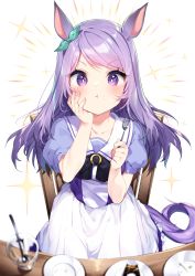 Rule 34 | 1girl, animal ears, blouse, blush, collarbone, food, fork, hand on own face, highres, holding, holding fork, horse ears, horse girl, horse tail, long hair, looking at viewer, mejiro mcqueen (umamusume), plate, pout, puffy short sleeves, puffy sleeves, purple eyes, purple hair, purple shirt, school uniform, shirt, short sleeves, solo, spoon, tail, tousaki shiina, tracen school uniform, umamusume, white background