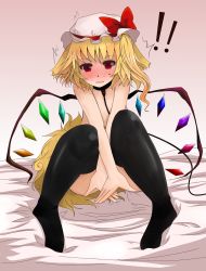 Rule 34 | !, !!, 1girl, @ @, animal ears, arano oki, bdsm, black thighhighs, blonde hair, blush, bow, collar, crystal, dog ears, dog tail, female focus, flandre scarlet, hair bow, hat, hat bow, leash, nude, on bed, open mouth, red eyes, ringed eyes, short hair, side ponytail, sitting, slave, smile, solo, tail, thighhighs, touhou, wings