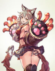 Rule 34 | 10s, 1girl, :d, animal ears, animal hands, ass, bare shoulders, black skirt, blush, breasts, cat ears, cat paws, claw (weapon), erune, fang, from behind, gloves, granblue fantasy, grey hair, hair between eyes, looking back, medium breasts, microskirt, open mouth, orange eyes, panties, pantyshot, paw gloves, pleated skirt, sen (granblue fantasy), short hair, sideboob, skirt, smile, solo, standing, underwear, weapon, yoshimo (yoshimo1516)