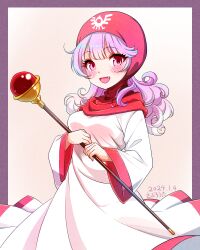 Rule 34 | 1girl, :d, border, breasts, dated, dragon quest, dragon quest ii, dress, fang, holding, holding scepter, hood, hood up, long hair, long sleeves, medium breasts, open mouth, outside border, pink hair, princess of moonbrook, print headwear, purple border, red headwear, red hood, saburouta (hox-666), scepter, signature, smile, solo, standing, tongue, white background, white dress, wide sleeves