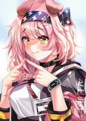 Rule 34 | 1girl, absurdres, animal ears, arknights, bow, braid, cat ears, cat girl, collar, embarrassed, female focus, goldenglow (arknights), hair bow, hair ornament, hairclip, headband, highres, jacket, lanyard, looking at viewer, multicolored clothes, multicolored jacket, myusagii, name tag, pink hair, scottish fold, shirt, shy, side braid, solo, techwear, two-tone jacket, upper body, white shirt, wristband, yellow eyes