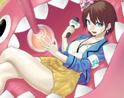 Rule 34 | 1girl, :d, blue eyes, blue jacket, blush, breasts, brown hair, cleavage, creature, earrings, gishu, hair between eyes, highres, holding, holding microphone, ibakira tv, ibara hiyori, jacket, jewelry, lanyard, large breasts, looking at viewer, microphone, miniskirt, mole, mole under mouth, monster, open clothes, open jacket, open mouth, pale skin, pleated skirt, reclining, shirt, short hair, sitting, skirt, smile, solo, virtual youtuber, white shirt, yellow skirt