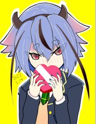 Rule 34 | 1other, black jacket, blue hair, blue nails, blush, box, brown vest, commentary, covering own mouth, dated, green necktie, hair flaps, hairband, hands up, heart-shaped box, highres, horns, jacket, looking at viewer, meika mikoto, multicolored nails, nail polish, necktie, pink hair, red eyes, red nails, solo, sukenoota, tsurime, valentine, vest, vocaloid, yellow background