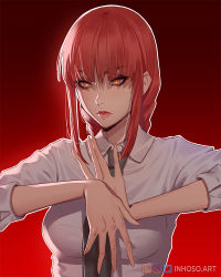 Rule 34 | 1girl, braid, breasts, chainsaw man, collared shirt, grey necktie, hair between eyes, inhoso, long hair, makima (chainsaw man), medium breasts, necktie, own hands together, red background, red hair, shirt, sidelocks, sleeves rolled up, solo, upper body, watermark, web address, white shirt, yellow eyes