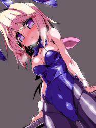 Rule 34 | 10s, 1girl, animal ears, bare shoulders, black pantyhose, blush, bow, bowtie, breasts, breath, charlotte dunois, cleavage, covered navel, detached collar, fake animal ears, infinite stratos, large breasts, leotard, long hair, miuku (marine sapphire), pantyhose, playboy bunny, purple eyes, rabbit ears, solo, sweatdrop, wrist cuffs