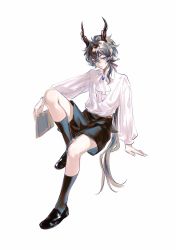 Rule 34 | 1boy, absurdres, animal ears, arknights, bishounen, blouse, book, ebenholz (arknights), eyebrows hidden by hair, frills, full body, goat boy, goat ears, goat horns, highres, horns, long hair, looking at viewer, male focus, ponytail, purple eyes, ribbon, shirt, shoes, shorts, simple background, socks, solo, thighs, white hair, white shirt, yunluo