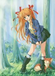 Rule 34 | 1990s (style), 1girl, :d, ^ ^, black footwear, black skirt, blue eyes, blue jacket, boots, closed eyes, commentary request, day, eyes visible through hair, floating hair, forest, fox, full body, grass, hair between eyes, hair ribbon, hand on own thigh, happy, highres, jacket, kanon, leaning forward, long hair, long ribbon, long sleeves, longmei er de tuzi, looking at viewer, miniskirt, nature, open clothes, open jacket, open mouth, orange hair, outdoors, pleated skirt, red ribbon, retro artstyle, ribbon, sawatari makoto, shirt, sidelocks, skirt, smile, solo, standing, tree, two side up, v arms, very long hair, yellow shirt